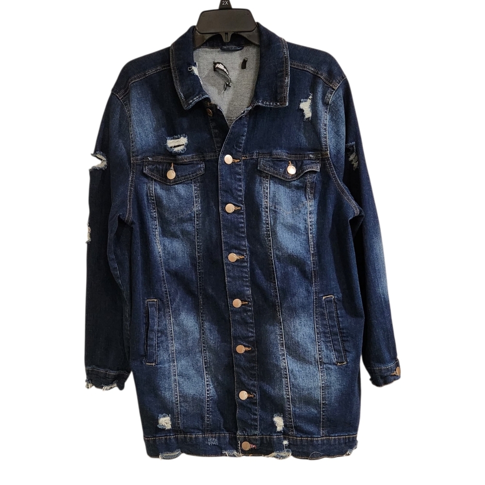 Dollhouse Womens Sz 1X Denim Jacket Blue Distressed Dark Wash Stretch Pockets
